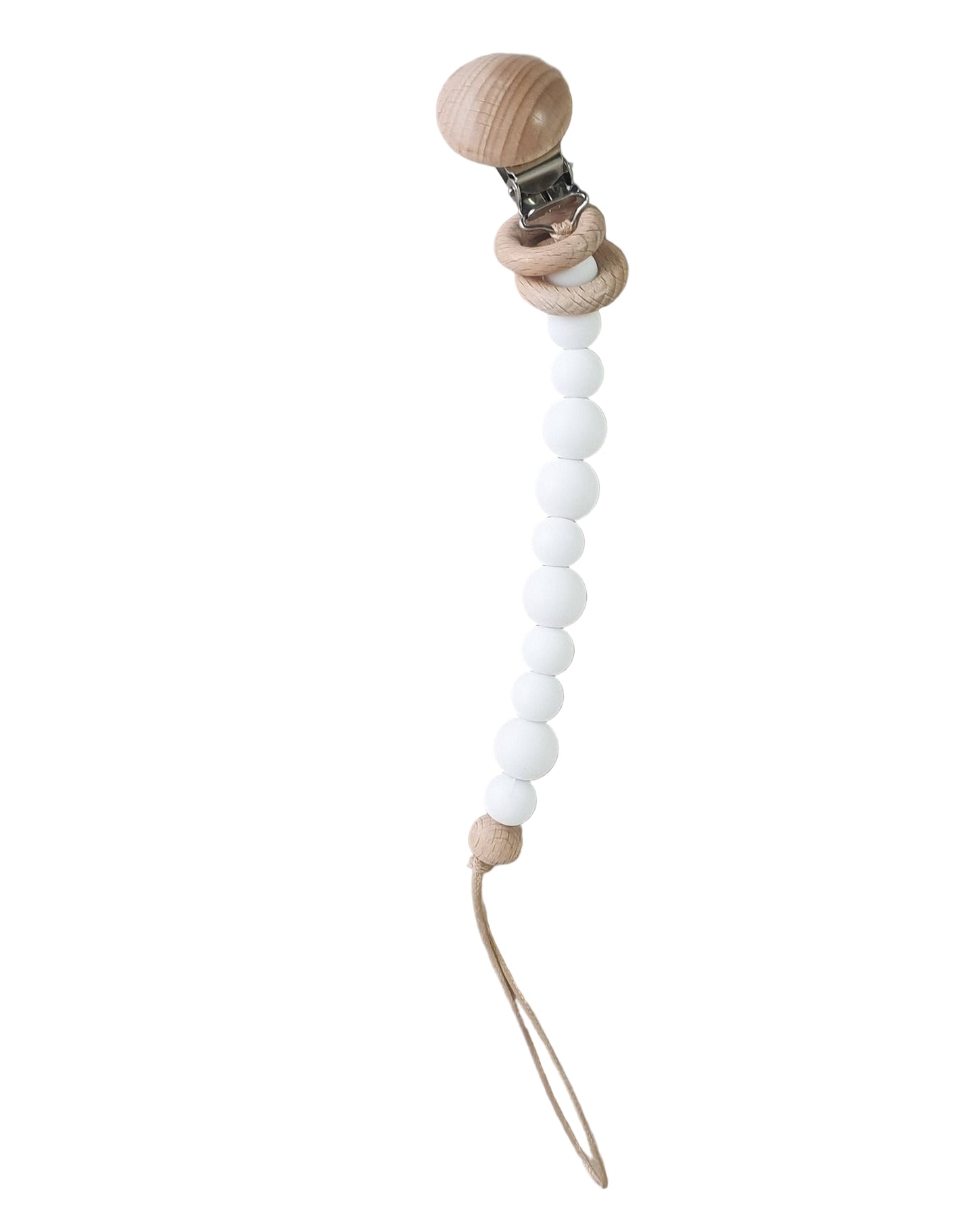 Soother clip with white beads and wooden accents on a gray background
