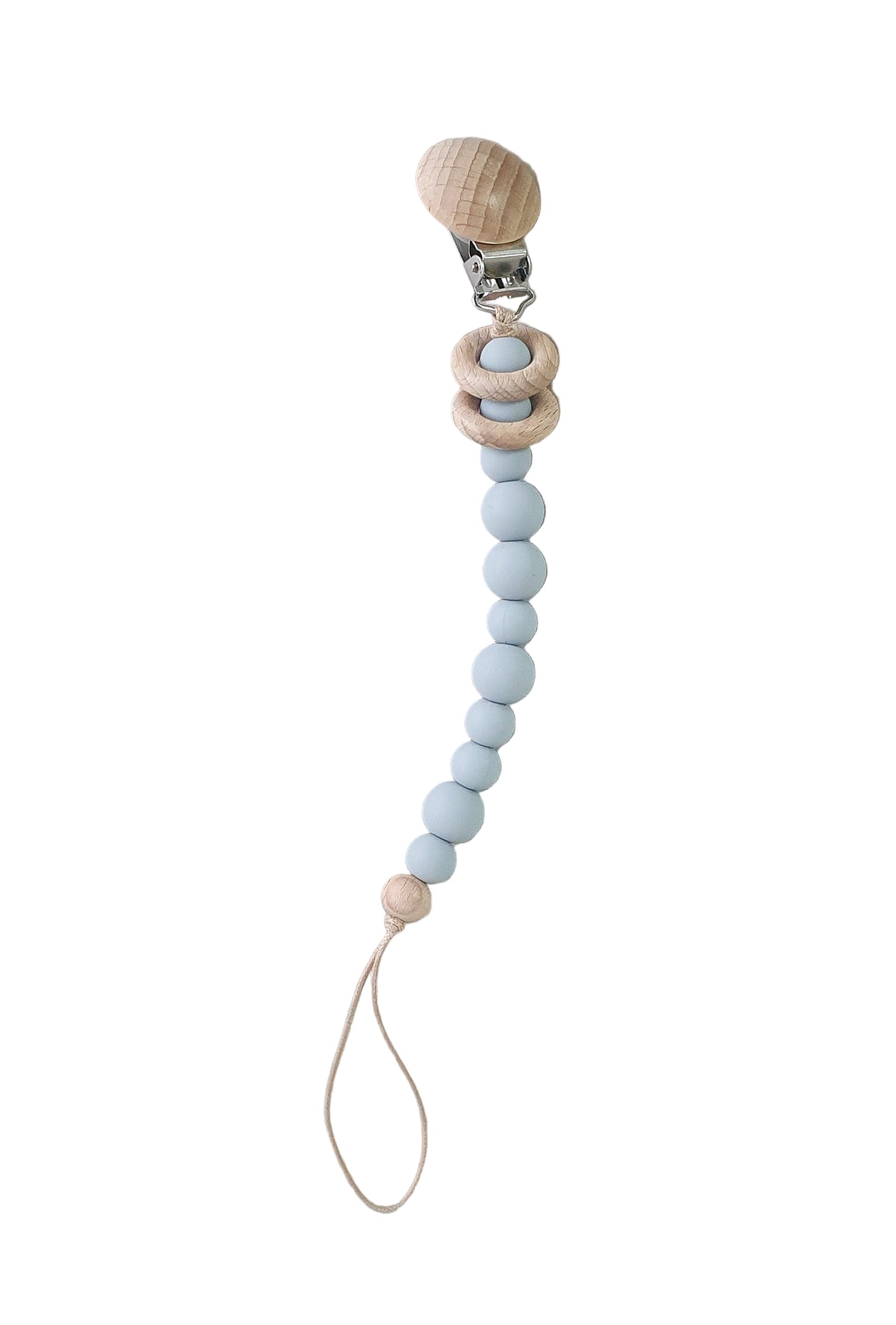 Beaded pacifier clip with light blue beads and wooden elements on a light gray background