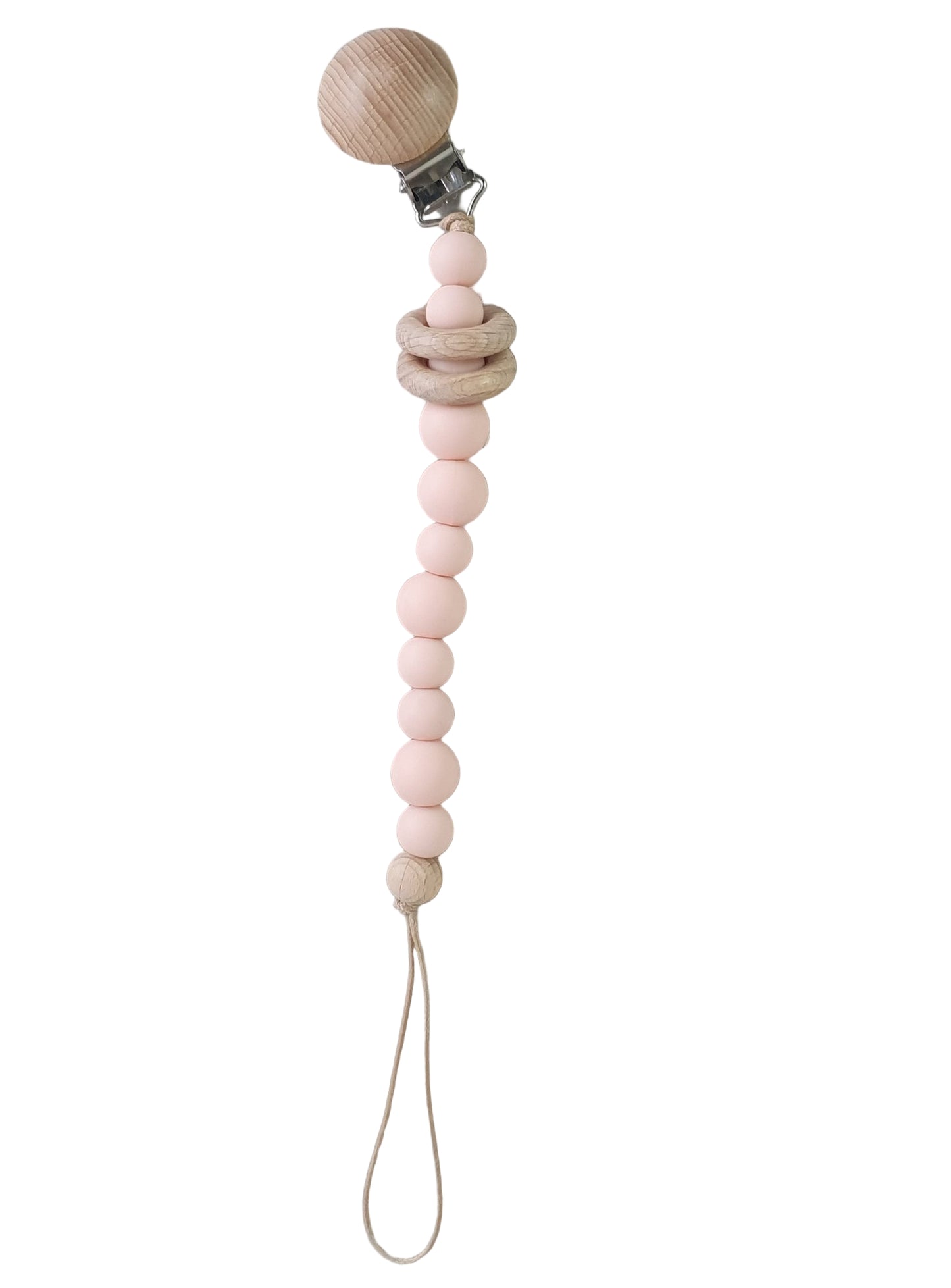Wooden and pink beaded pacifier clip on a gray background